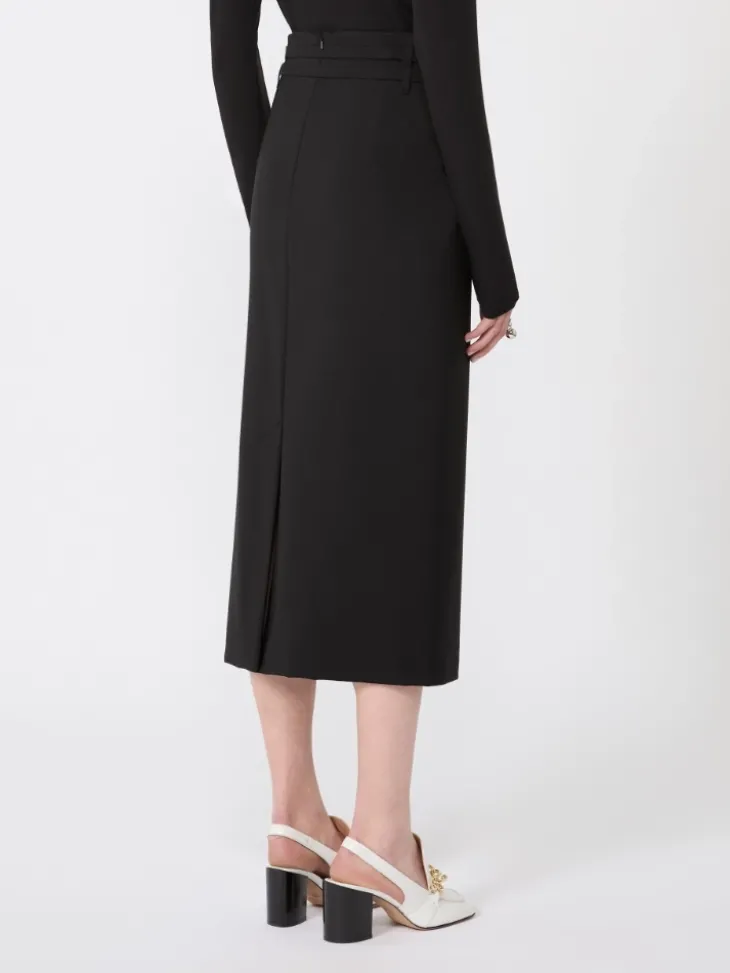 Long wool skirt with belt - BLACK