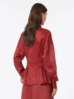 Long-sleeved ramie canvas shirt - BRICK RED