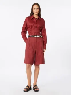 Long-sleeved ramie canvas shirt - BRICK RED
