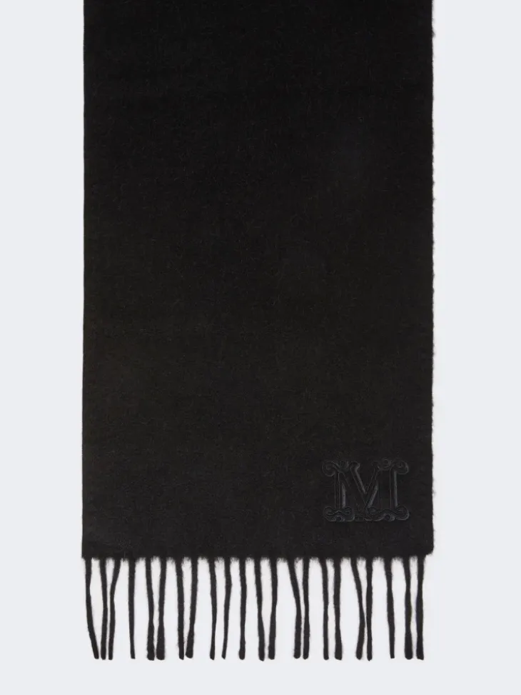 Monogram-embroidered camel stole - BLACK