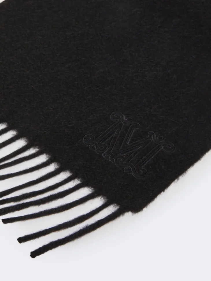 Monogram-embroidered camel stole - BLACK