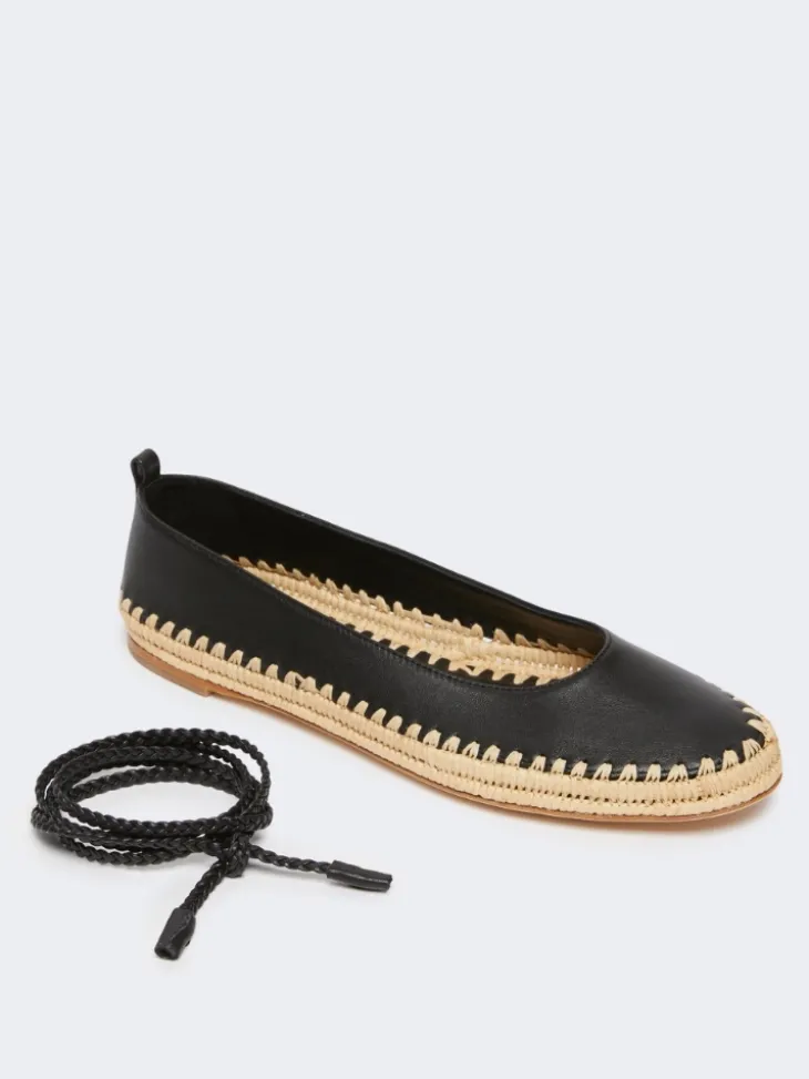 Nappa and raffia ballerinas - BLACK