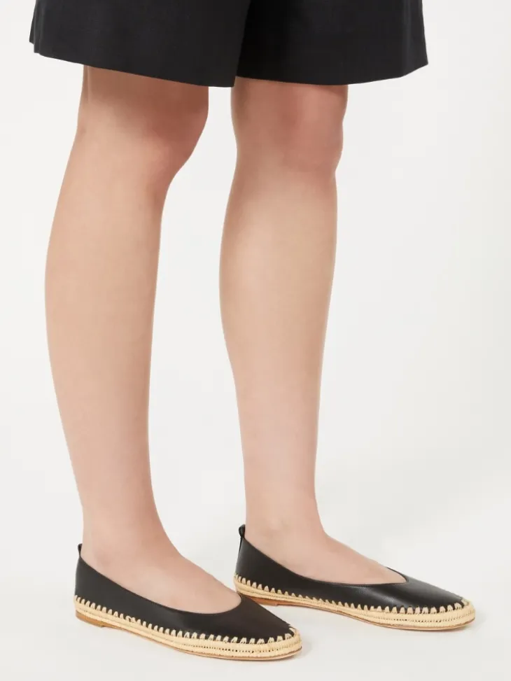 Nappa and raffia ballerinas - BLACK