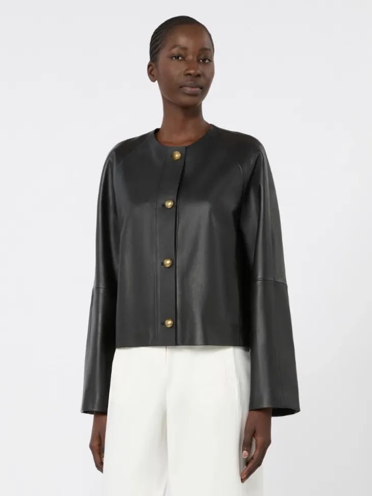 Nappa leather crew-neck jacket - BLACK