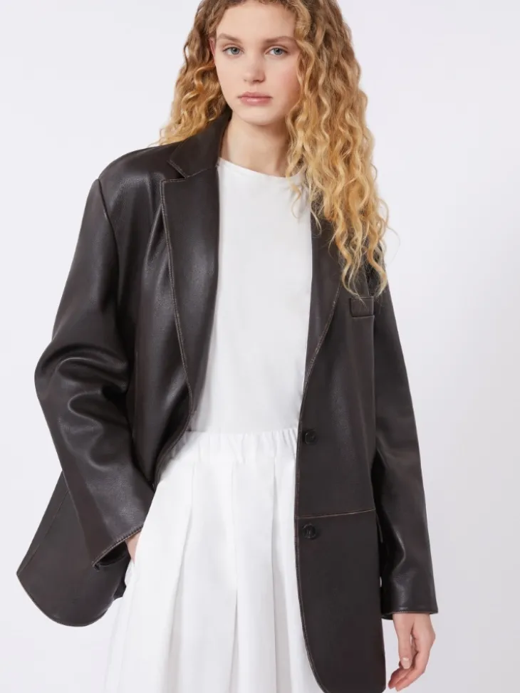 Oversized leather blazer - BROWN