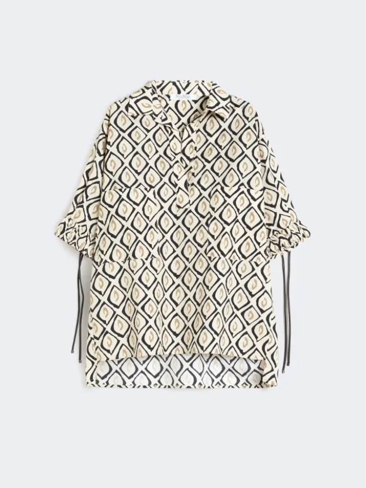 Oversized printed poplin shirt - BEIGE