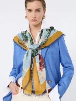 Oversized scarf in printed silk and wool - MUSTARD