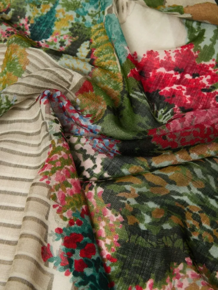 Oversized scarf in printed silk and wool - IVORY