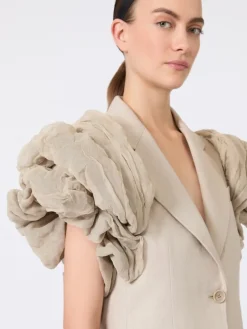 Oversized sleeveless linen jacket with ruffles - SAND