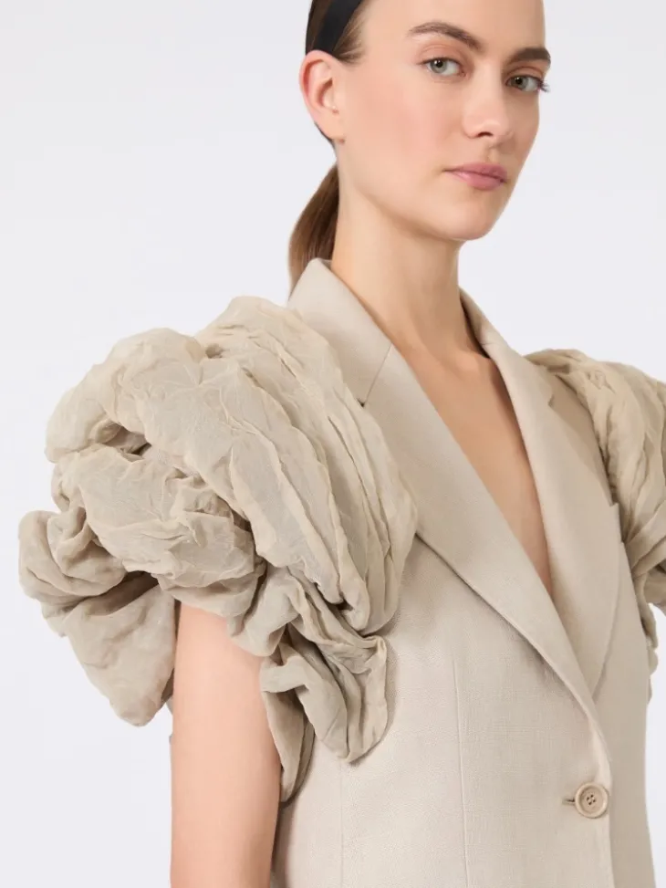 Oversized sleeveless linen jacket with ruffles - SAND