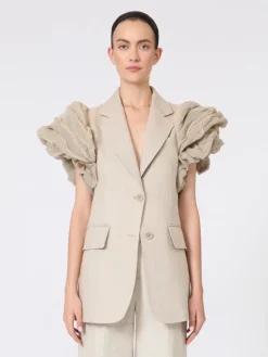 Oversized sleeveless linen jacket with ruffles - SAND
