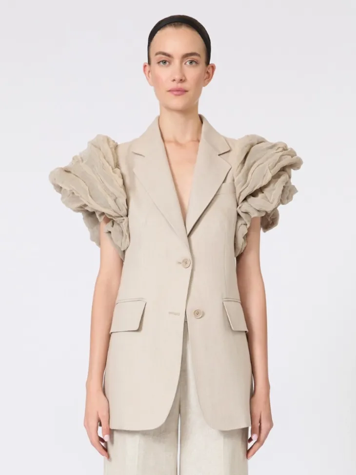 Oversized sleeveless linen jacket with ruffles - SAND