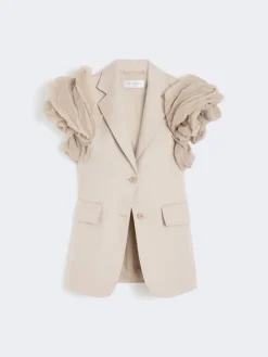 Oversized sleeveless linen jacket with ruffles - SAND