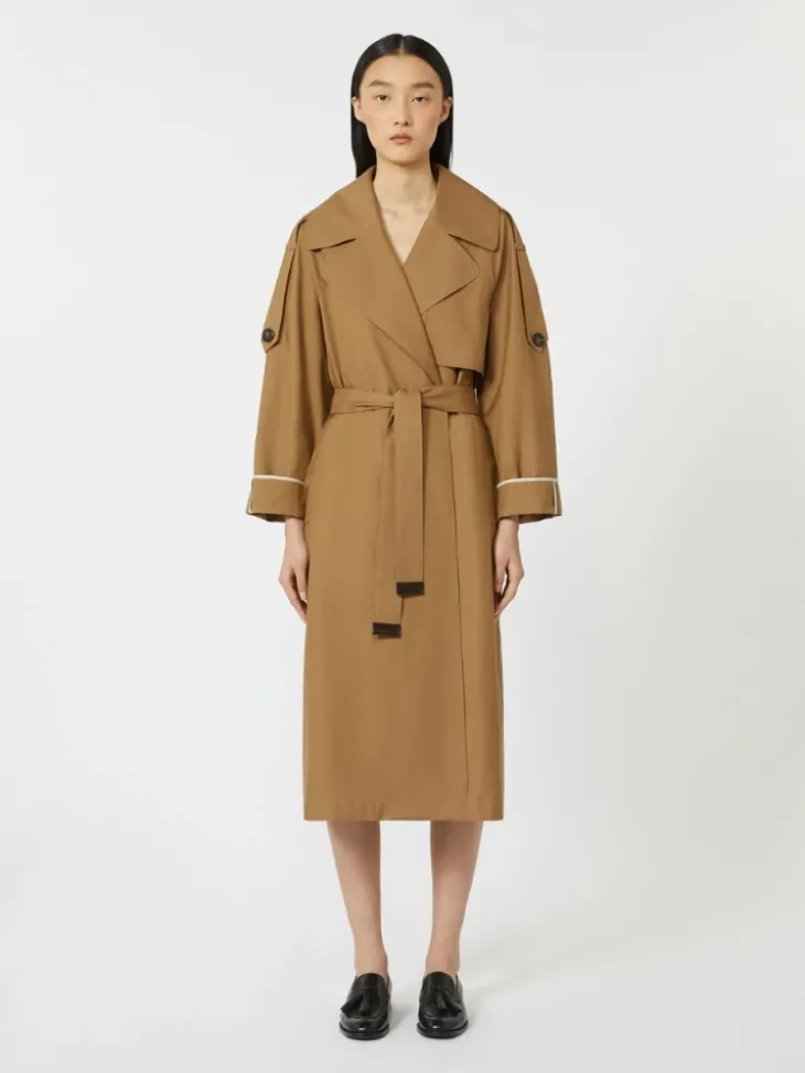 Oversized water-repellent twill trench coat - BROWN