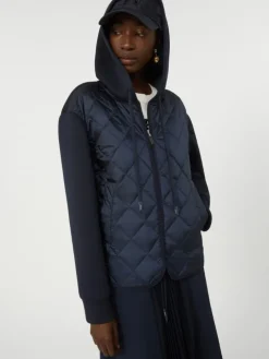 Padded, hooded jacket in water-repellent canvas and jersey - NAVY
