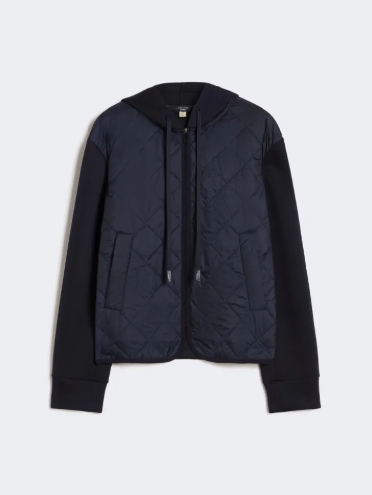 Padded, hooded jacket in water-repellent canvas and jersey - NAVY