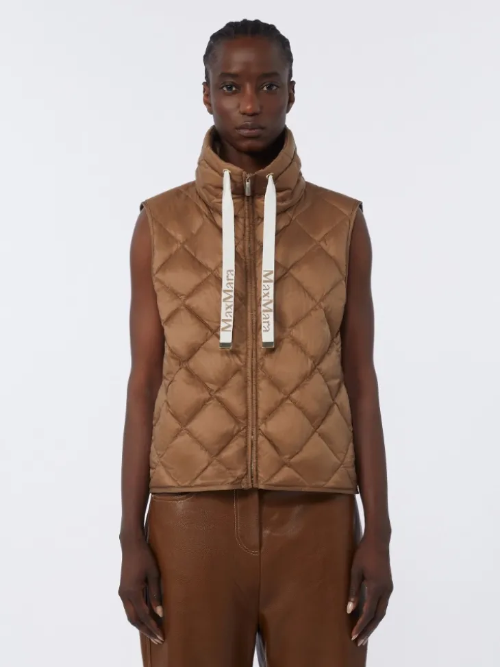 Padded water-repellent nylon canvas gilet - CARAMEL