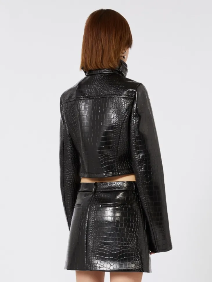 Patent leather cropped jacket with alligator print - BLACK