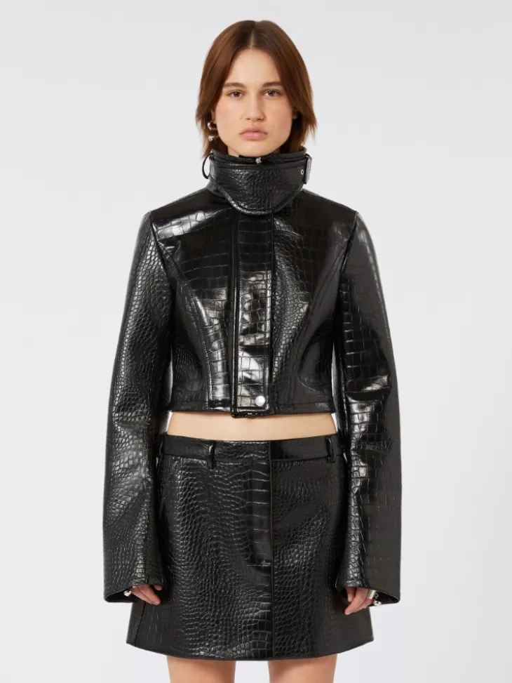 Patent leather cropped jacket with alligator print - BLACK