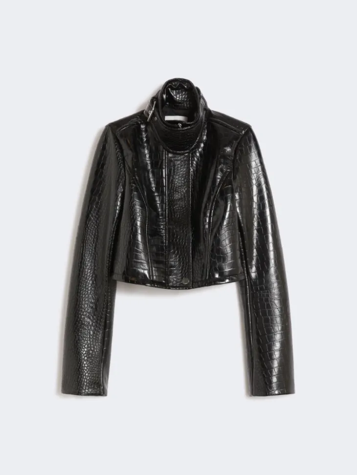Patent leather cropped jacket with alligator print - BLACK