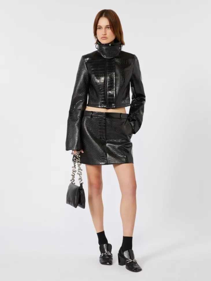 Patent leather cropped jacket with alligator print - BLACK