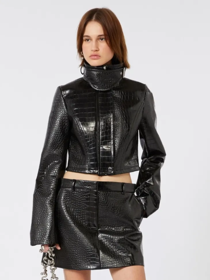 Patent leather cropped jacket with alligator print - BLACK