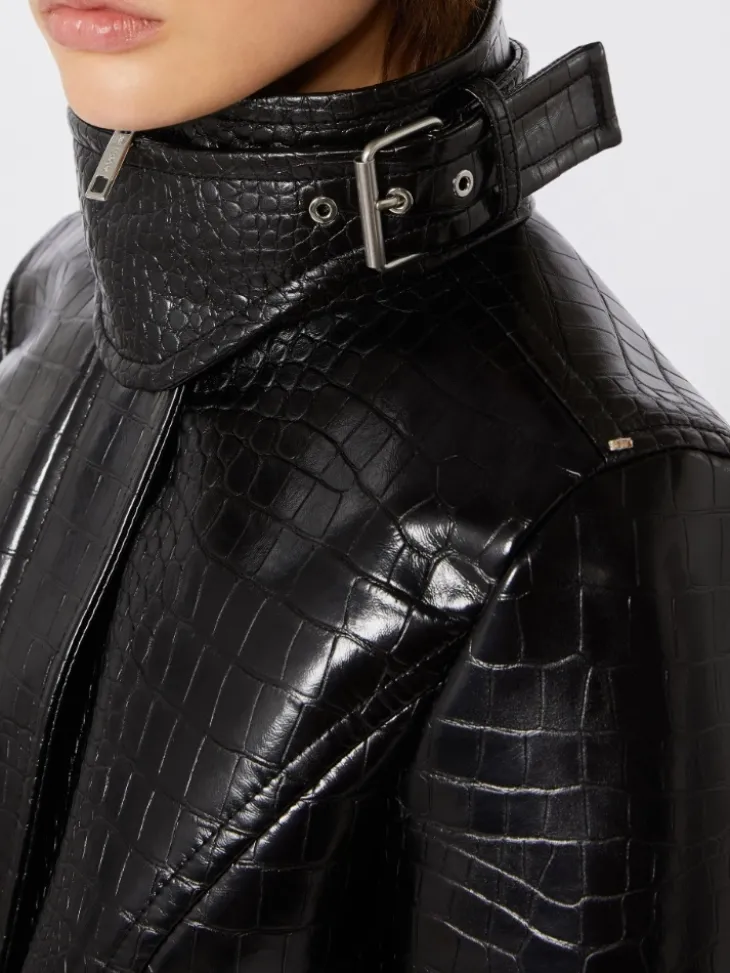 Patent leather cropped jacket with alligator print - BLACK