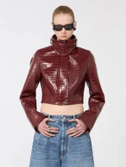 Patent leather cropped jacket with alligator print - DARK RED