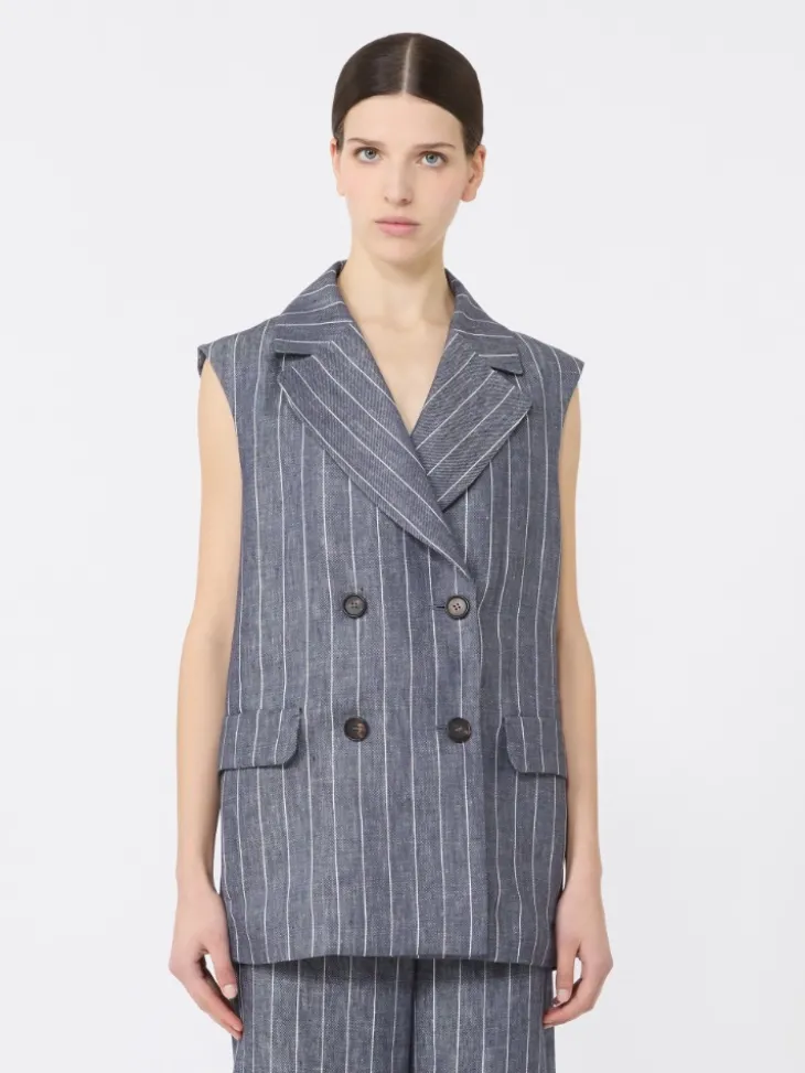 Pinstriped linen Batavia gilet with a denim effect - ULTRAMARINE