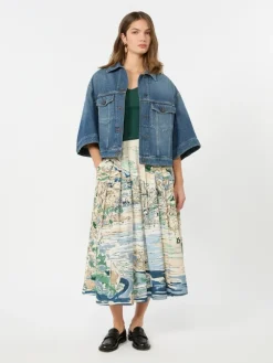 Pleated printed poplin skirt - LIGHT BLUE
