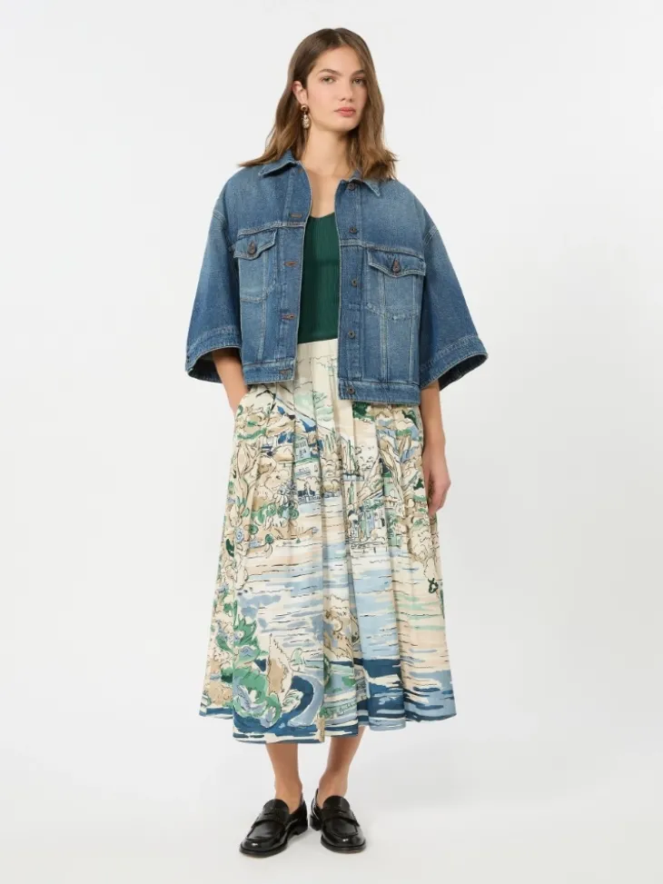 Pleated printed poplin skirt - LIGHT BLUE
