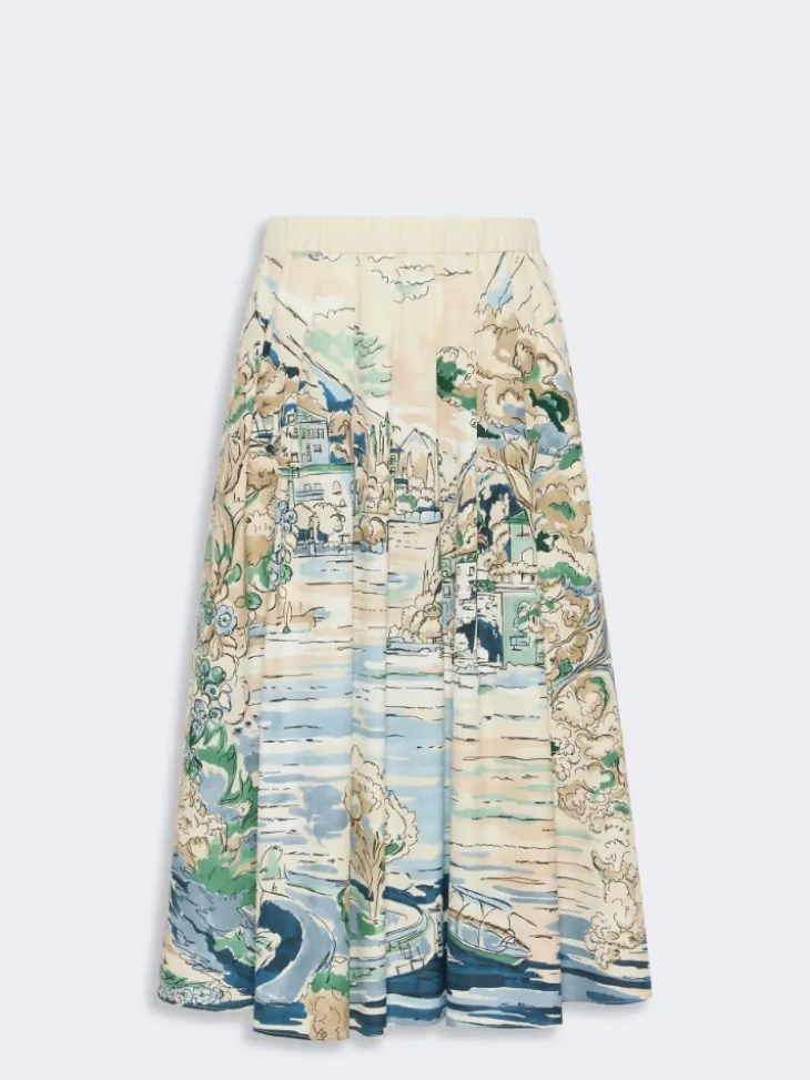 Pleated printed poplin skirt - LIGHT BLUE