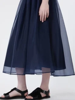 Pleated silk organza skirt - NAVY