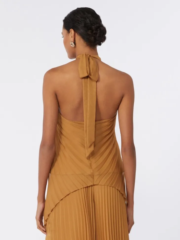 Plissé-pleated chiffon top - CARAMEL