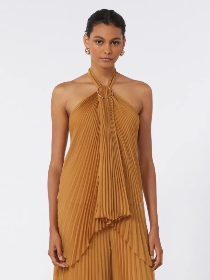 Plissé-pleated chiffon top - CARAMEL