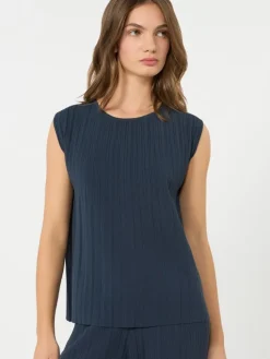 Plissé-pleated viscose yarn sweater - NAVY