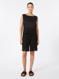 Poplin and macramé lace top - BLACK