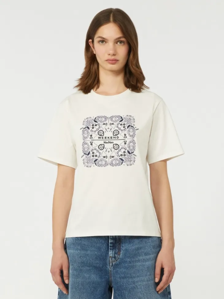 Print and embroidery-adorned cotton T-shirt - WHITE