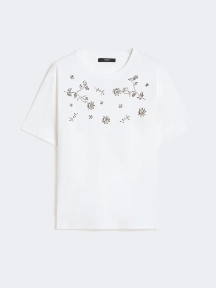 Print and embroidery-adorned jersey T-shirt - WHITE