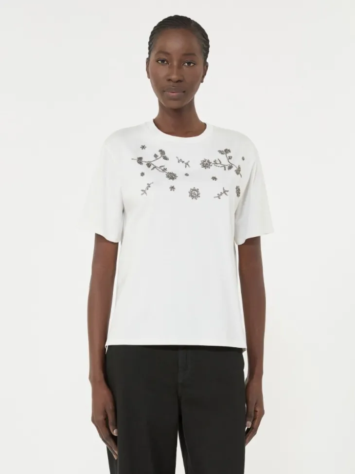 Print and embroidery-adorned jersey T-shirt - WHITE