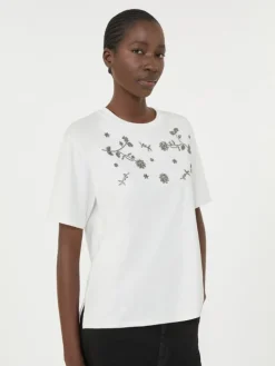 Print and embroidery-adorned jersey T-shirt - WHITE