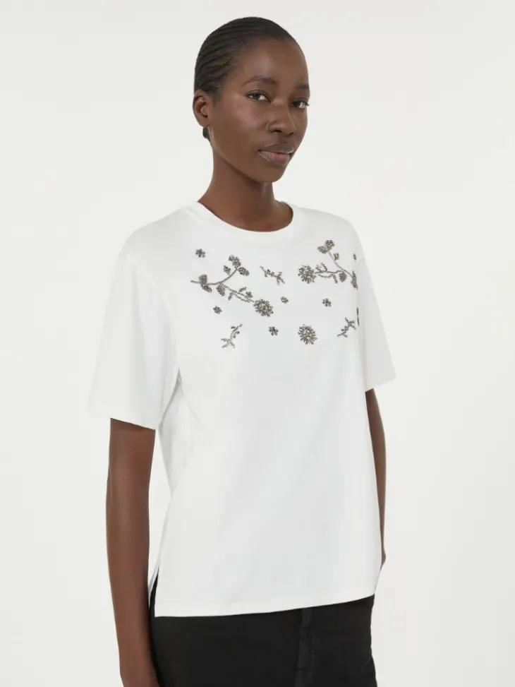 Print and embroidery-adorned jersey T-shirt - WHITE