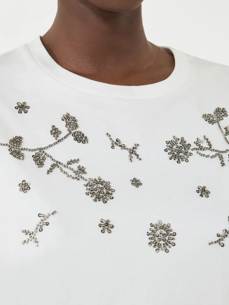 Print and embroidery-adorned jersey T-shirt - WHITE