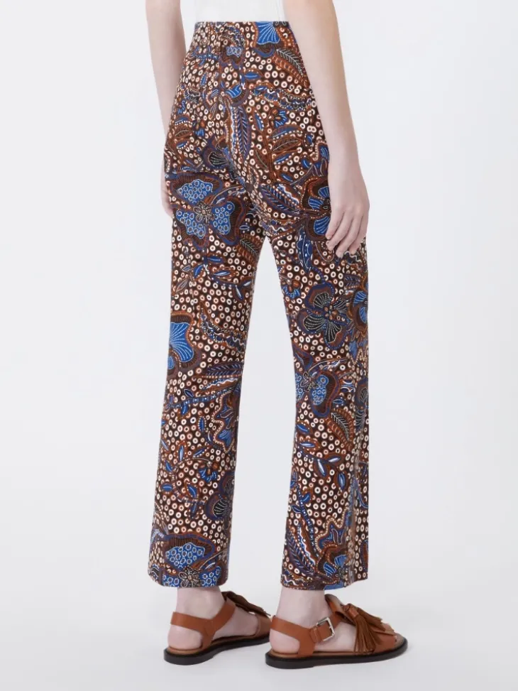 Printed basketweave cotton trousers - TOBACCO