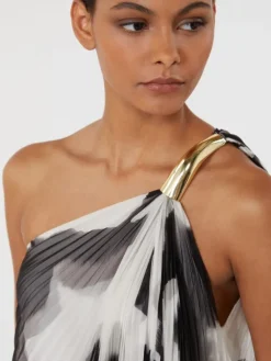 Printed chiffon one-shoulder dress - WHITE