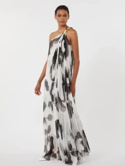 Printed chiffon one-shoulder dress - WHITE