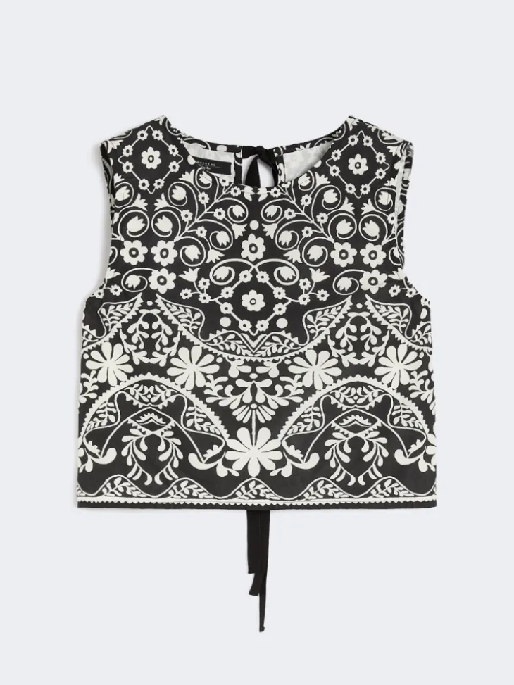 Printed cotton crop top - BLACK