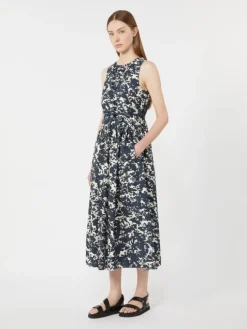 Printed cotton dress with belt - ULTRAMARINE