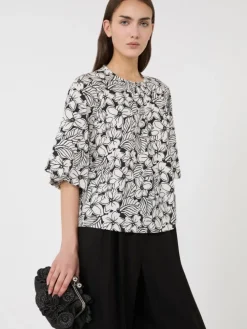 Printed cotton poplin blouse - BLACK