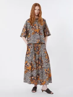Printed poplin pleated skirt - NAVY